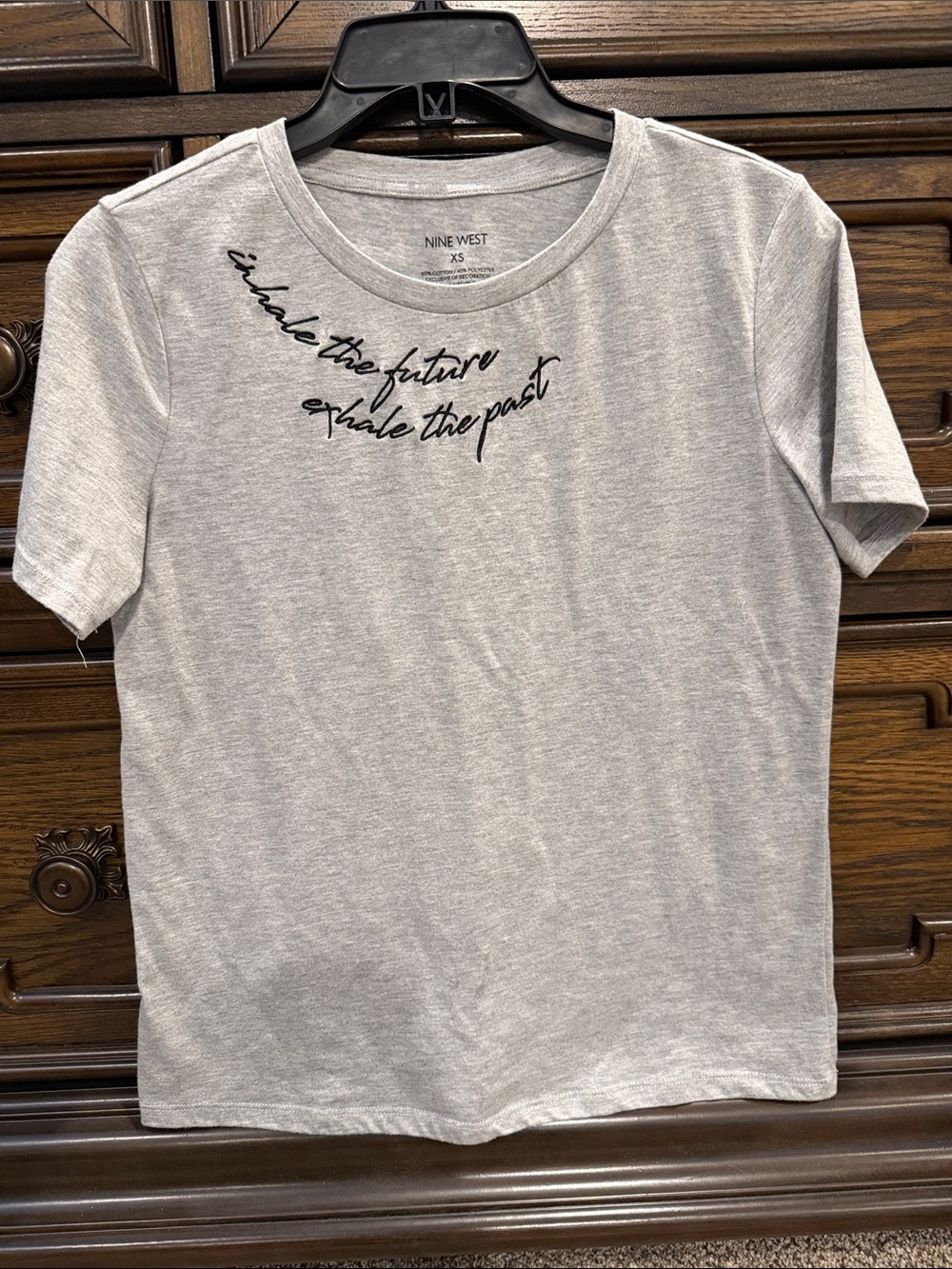 Nine West Light Gray Tee with Black Script Embroidery XS